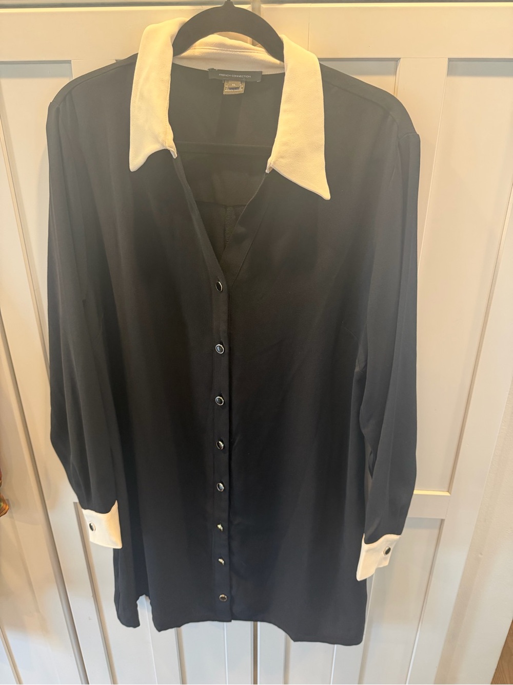 Size-XL French Connection Black Button-Down Shirt Dress w/White Collar & Cuffs